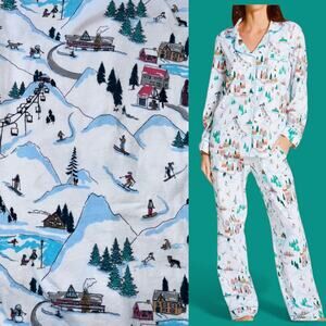 NWOT BedHead Long Sleeve Classic Pajama Stretch Cotton Set Ski Village Print L